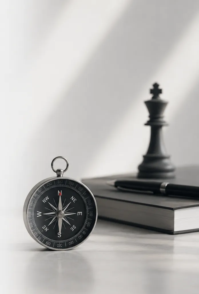 A compass beside a notebook and a chess king