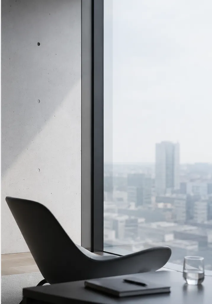 A quiet executive office overlooking a city skyline
